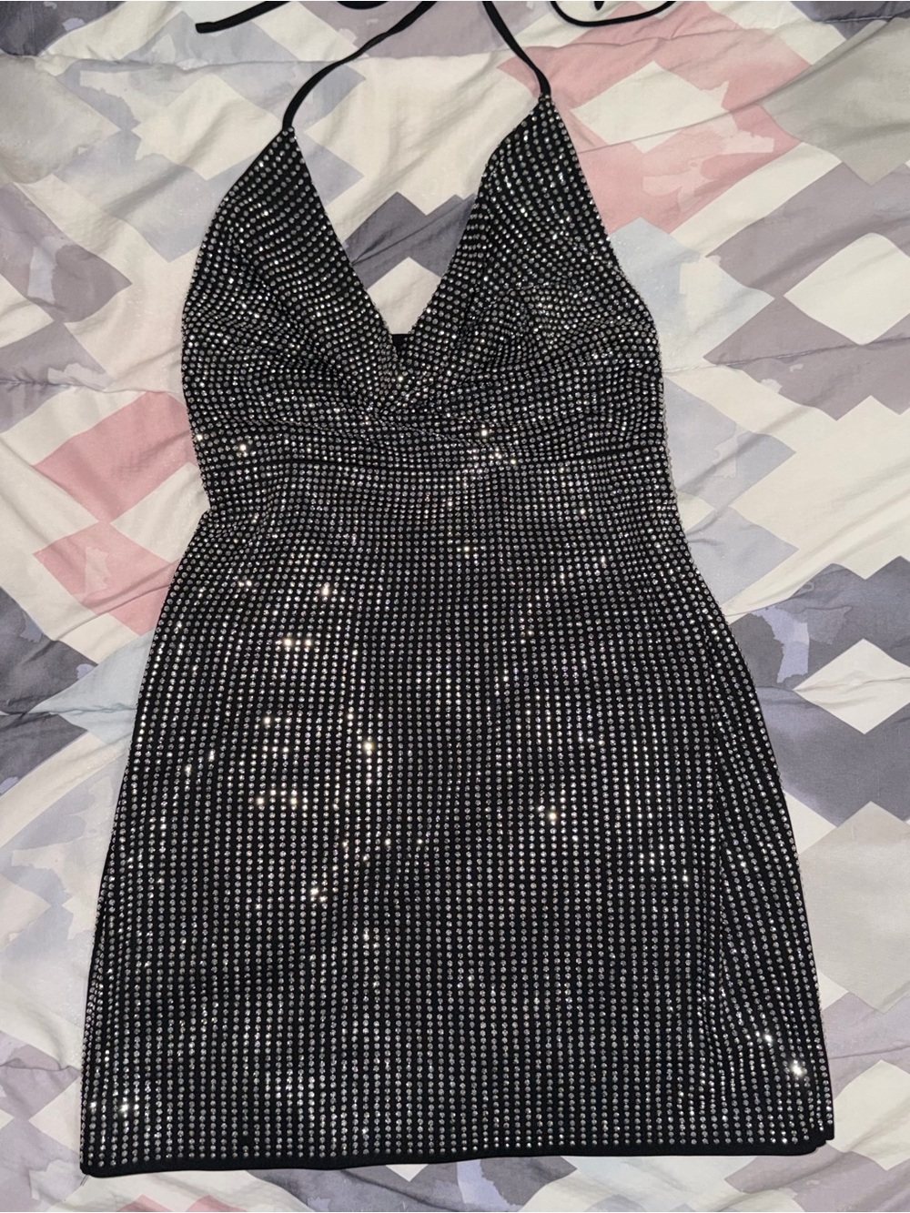 She + Sky Black Rhinestone Halter Mini Dress